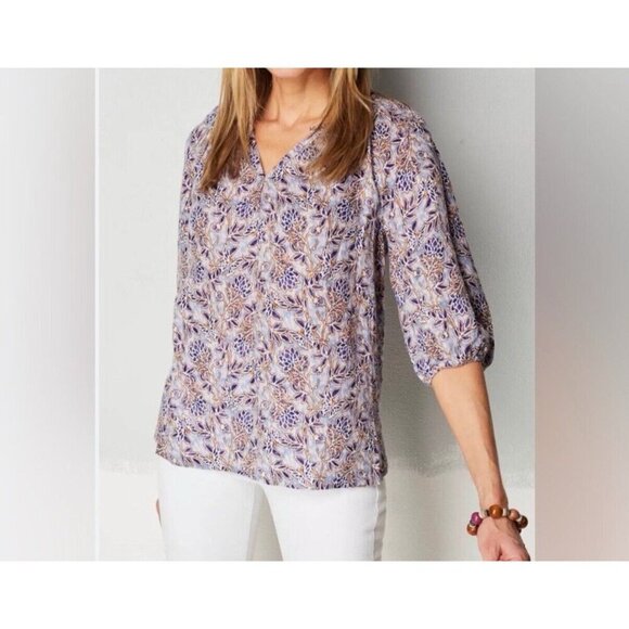J Jill Linen Tunic Top Womens Medium Purple Floral Peasant Lace look Boho Blouse - Picture 15 of 16